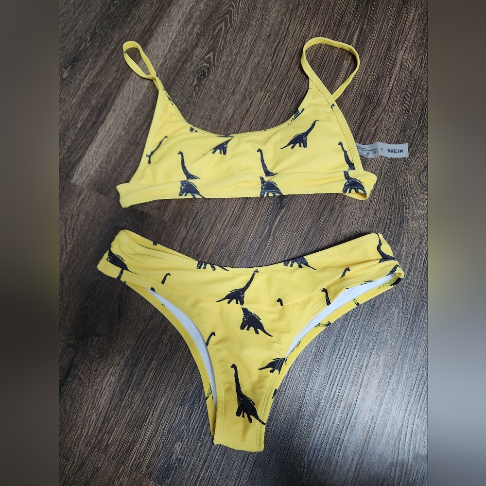🦖 SHEIN Yellow 👙 Bikini with Black Dinosaur Design 🦕